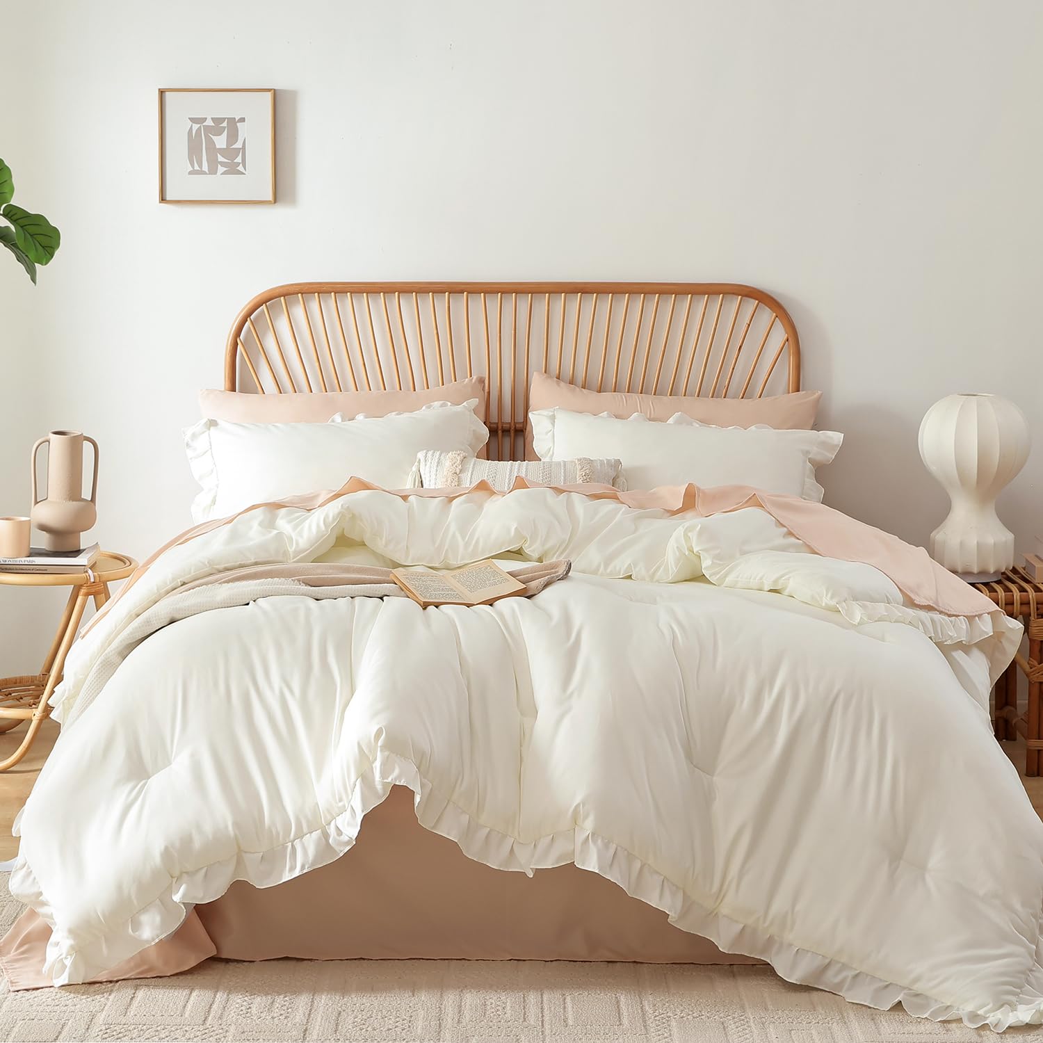 JANZAA Pink Comforter Set Queen 3PCS(1 Ruffled Blush Comforter Set and 2 Pillowcases) Vintage Shabby Chic Bedding Soft Fluffy Comforter Set All Season